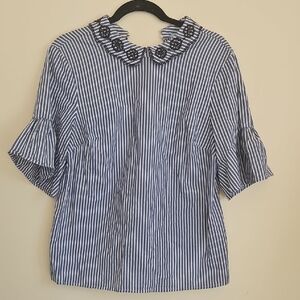 CECE STRIPED BLOUSE SHIRT BLUE WHITE BLACK FLORAL TRIM COLLAR